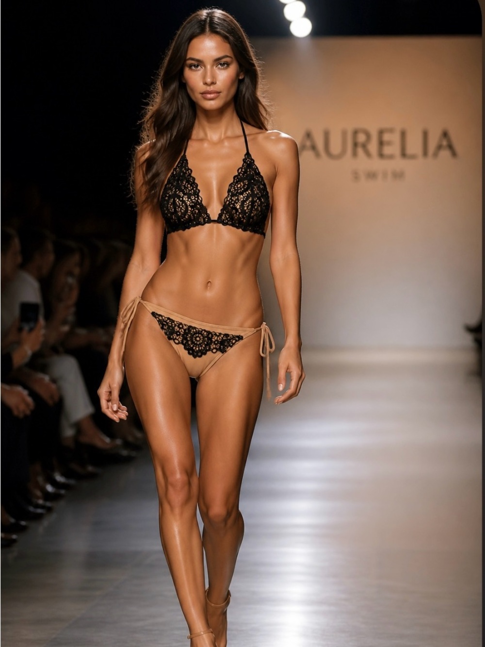 Black & Tan Lace Triangle Bikini with Tan Ties